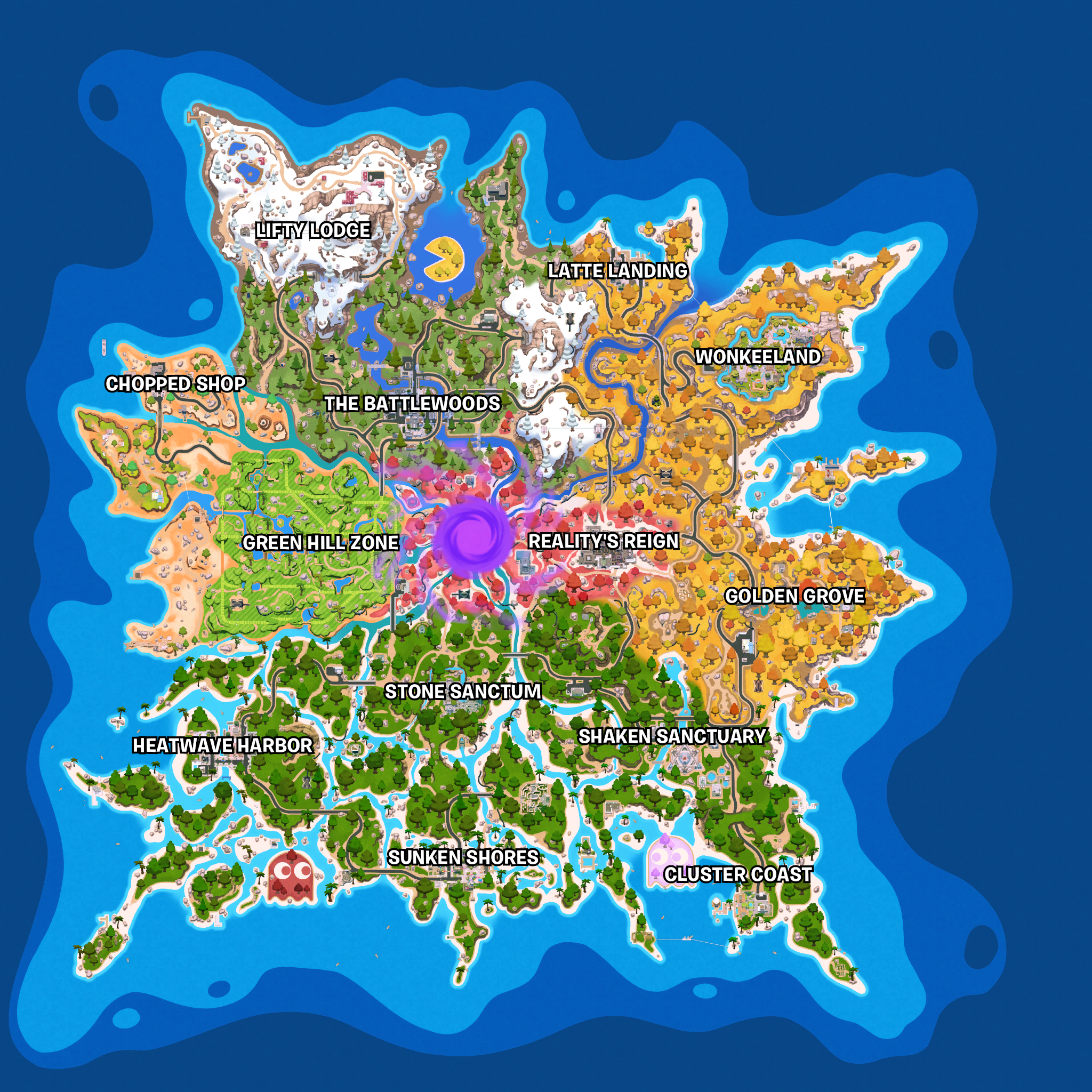 Fortnite island with an example bus route and landing markers